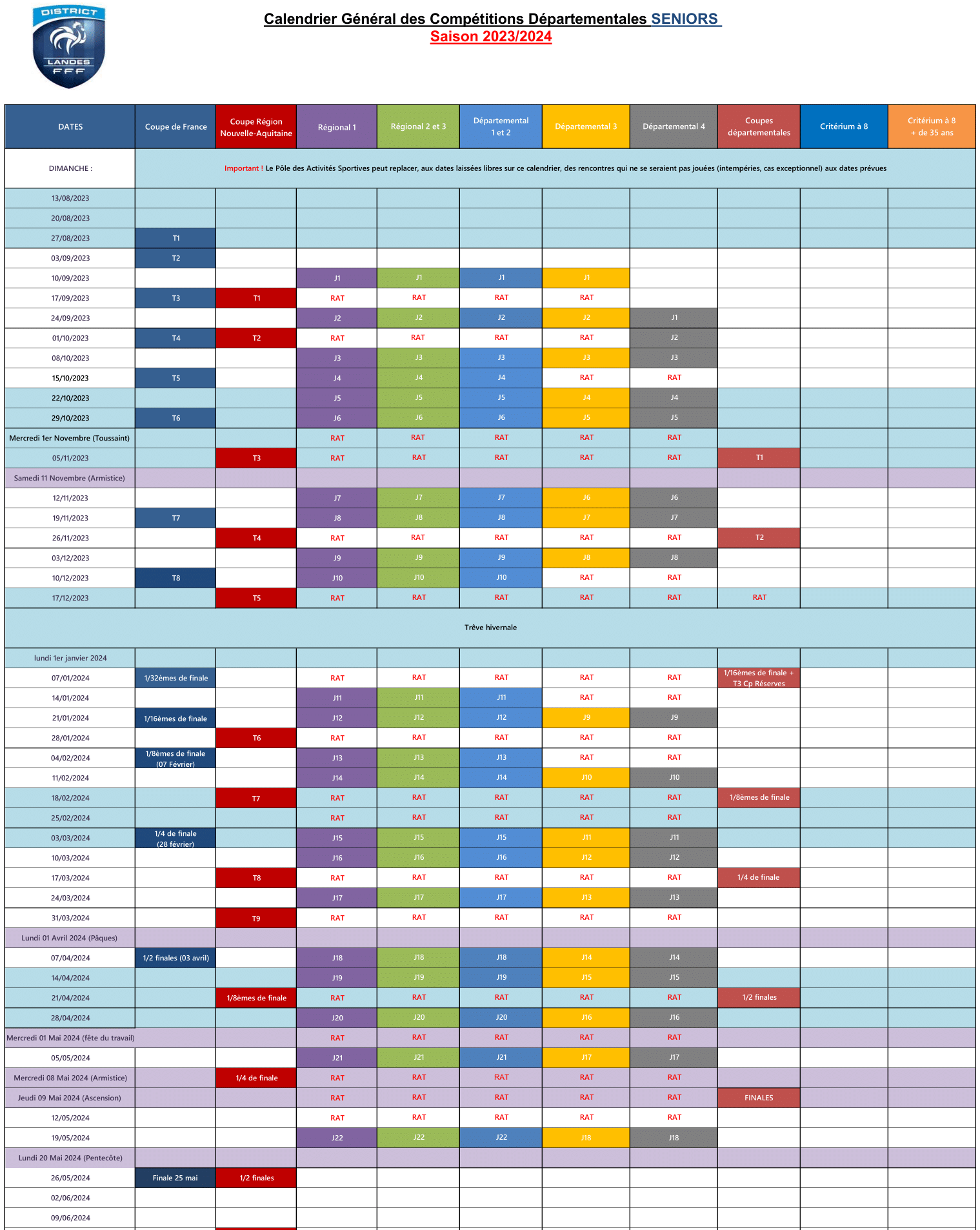 Calendrier seniors 2023 2024 2